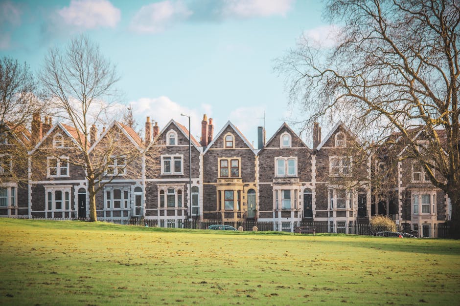 A row of historic Victorian-style terraced houses constructed from dark grey and light beige brick, featuring white-framed sash windows and gabled roofs, set against a clear blue sky. Leafless trees are visible in the foreground and background, with a well-maintained green lawn stretching across the front of the buildings. The lighting highlights the cleanliness and tidy appearance of the facades, emphasizing the well-kept exterior surfaces, suitable for interior surface cleaning and maintenance services by Kentish Town Cleaners, as promoted on the House Cleaning around Kentish Town West station page.