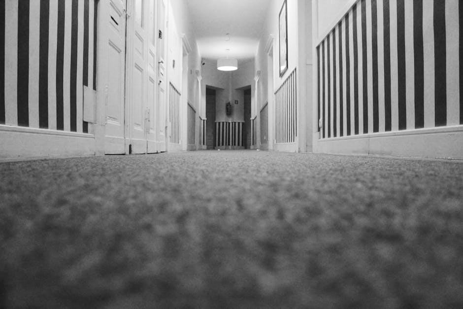 Interior view of a hallway featuring a plush, textured carpet in a neutral color, flanked by white wooden panelled walls with vertical black stripes. The doors along the corridor are white with decora